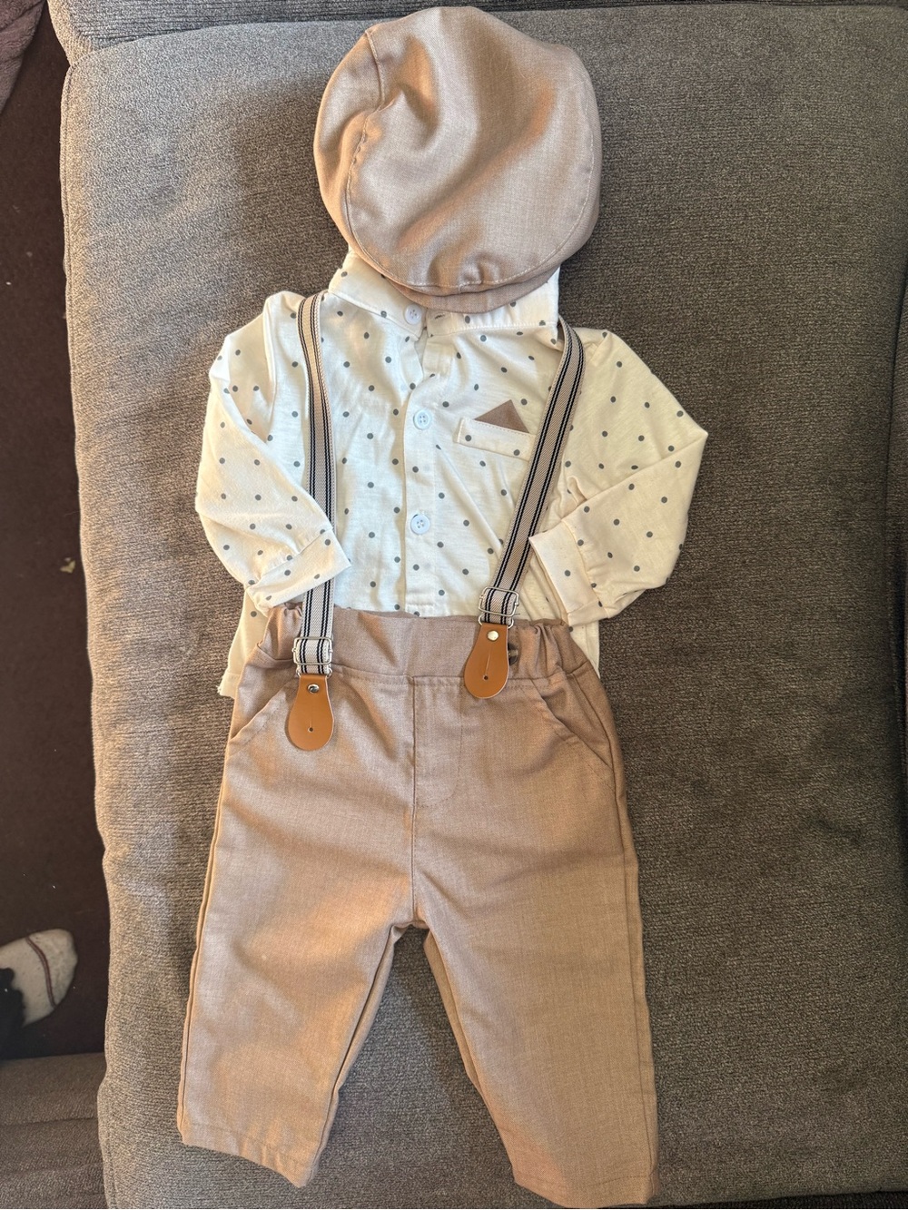 Classic Cream & Tan Baby Suspender Outfit with Cap